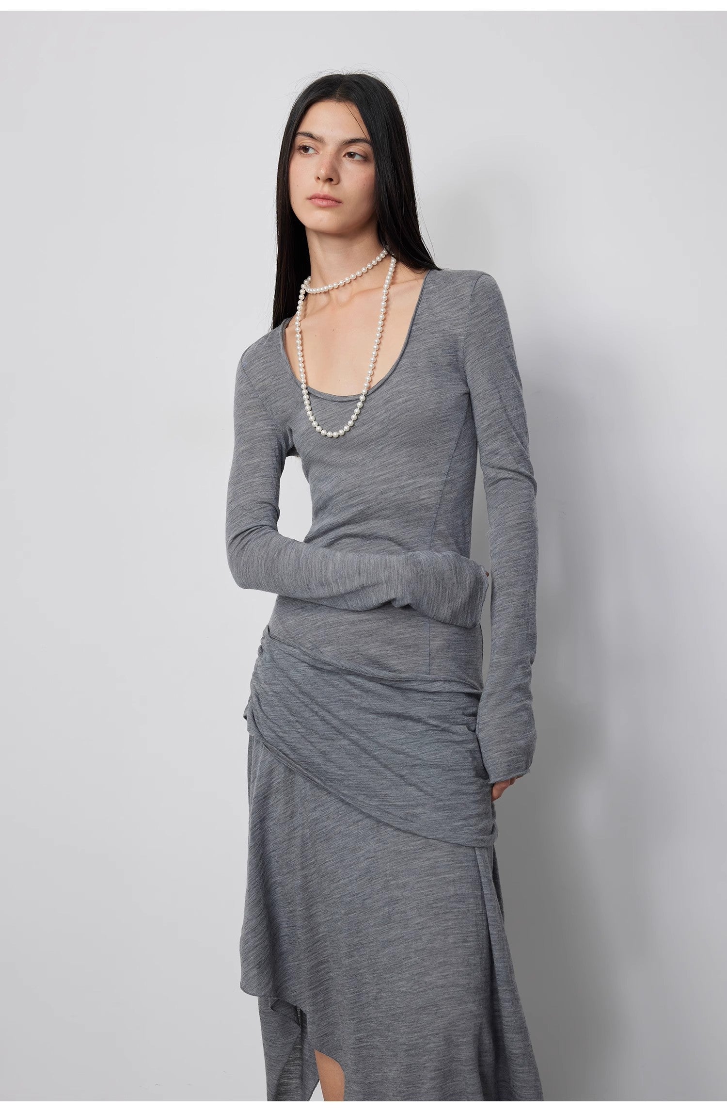 "Dreamy Ball" Lightweight and Breathable 100% Wool / U-Neck Irregular Hem Long Dress for Women