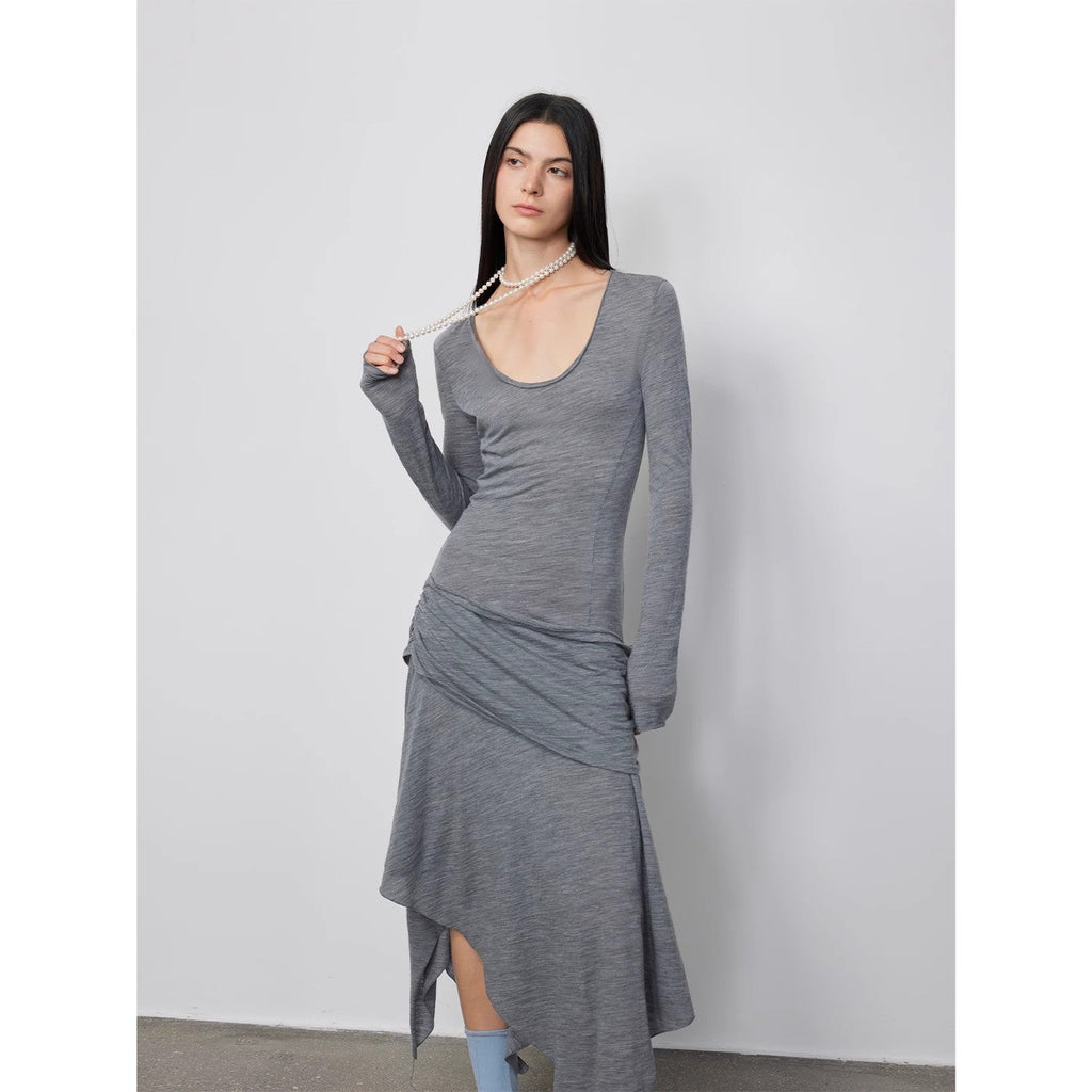 "Dreamy Ball" Lightweight and Breathable 100% Wool / U-Neck Irregular Hem Long Dress for Women